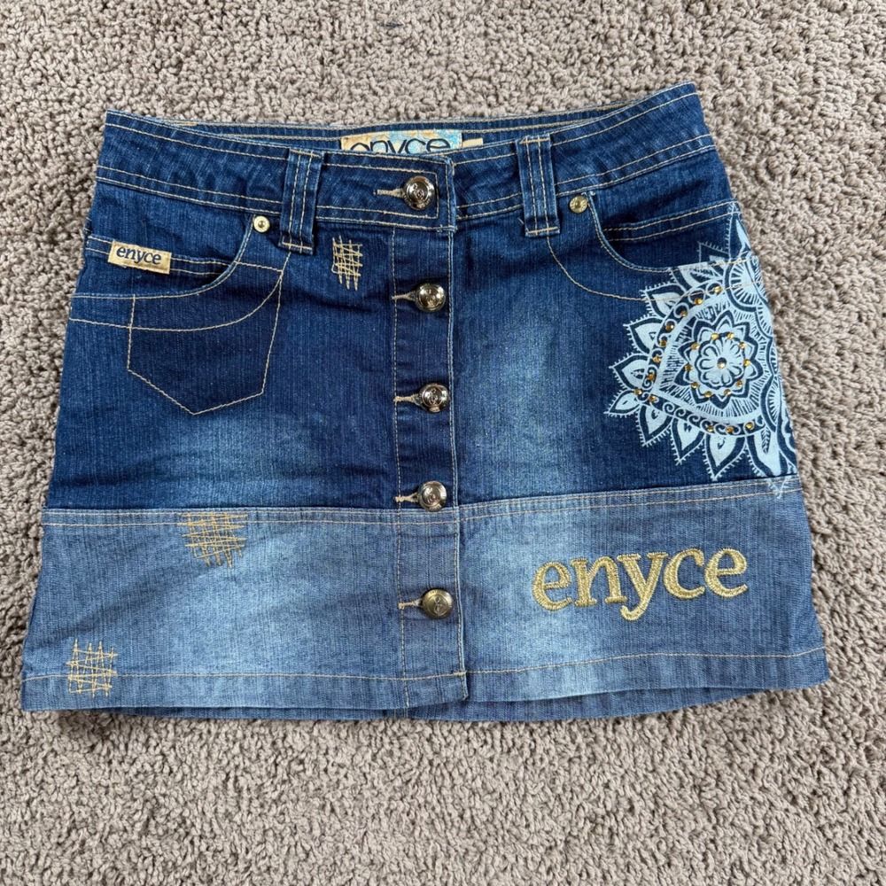 Enyce Denim Mini Skirt Rhinestone Graphic 12 girls Y2K hip hop retro edgy blue